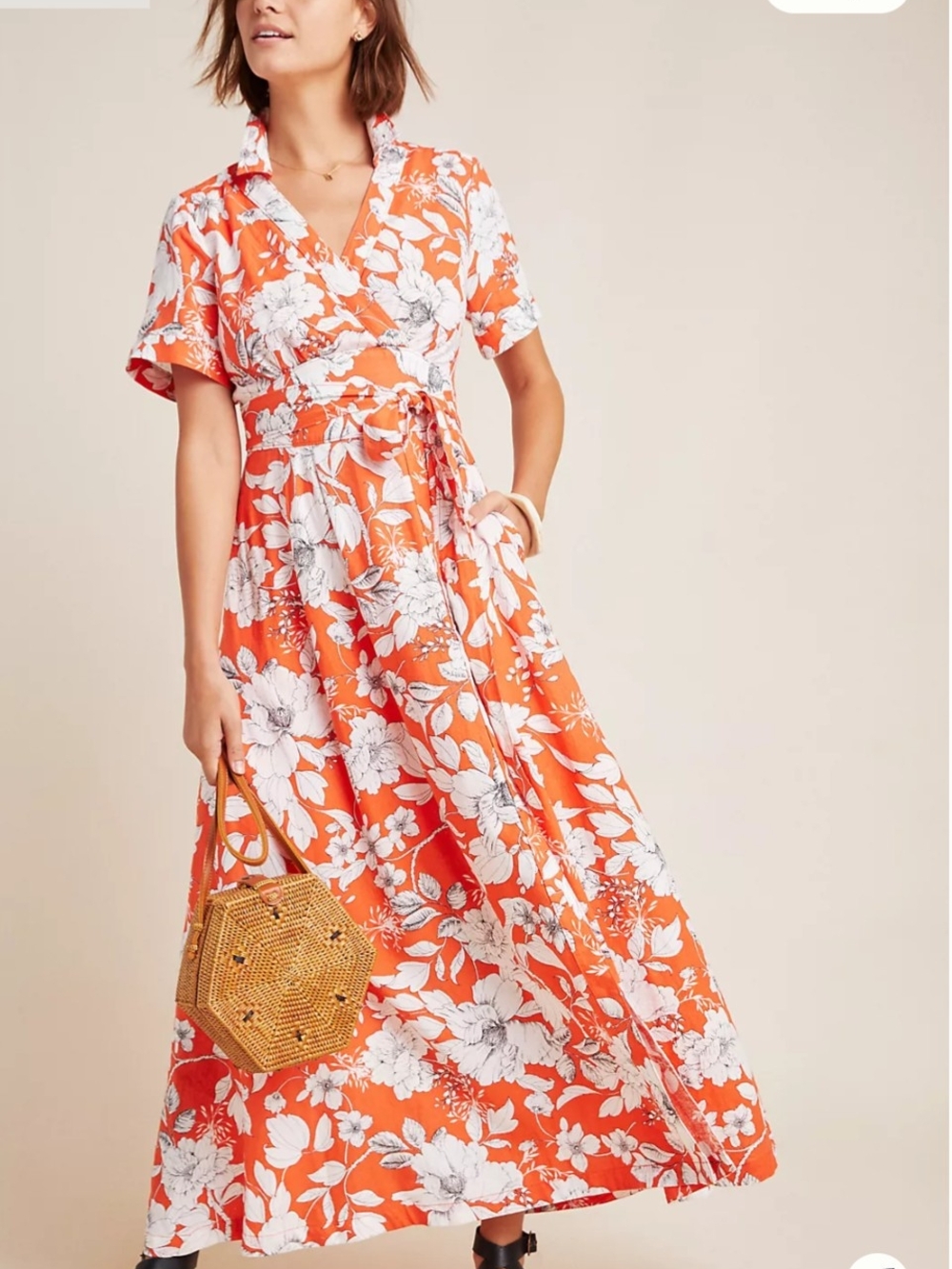 Anthropologie Maeve Floral Maxi Shirt Dress Linen 0 Orange Smocked Tie Tropical